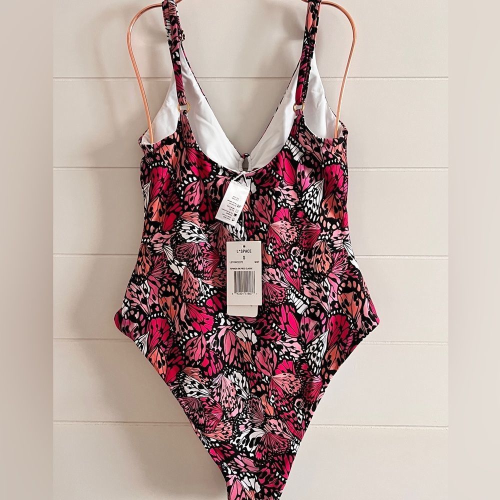 L*Space “Topanga” One Piece Classic High Cheeky Swimsuit Pink Black Tropical - Picture 9 of 13